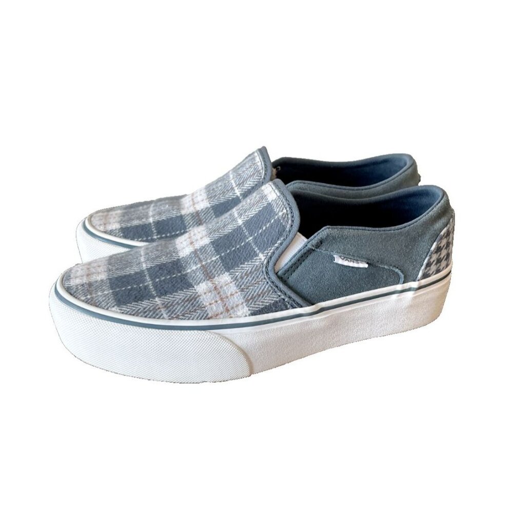 VANS Slip-On Skate Shoes Sneakers Asher Blue Gray Suede Plaid Womens 7.5 wool